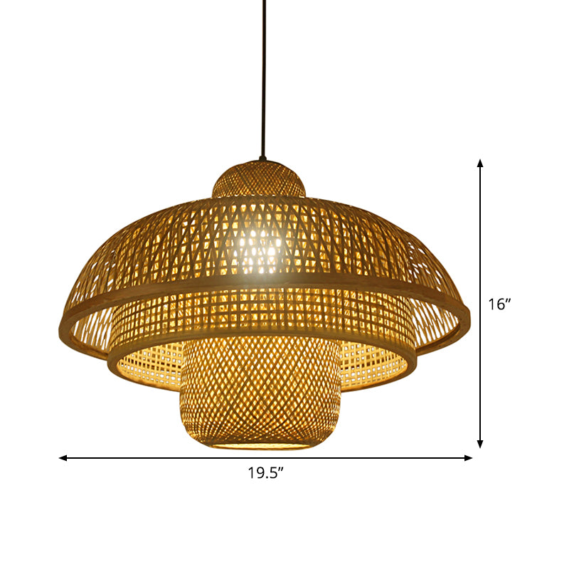 1 Bulb Teahouse Pendant Lamp Asia Flaxen Ceiling Hanging Light with Tiered Bamboo Shade