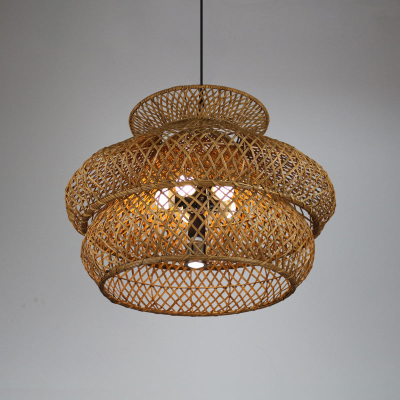 6 Heads Wide Flare Ceiling Chandelier Asian Bamboo Hanging Pendant Light in Brown