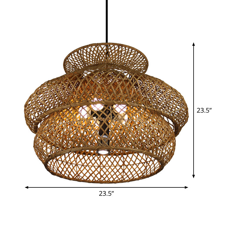 6 Heads Wide Flare Ceiling Chandelier Asian Bamboo Hanging Pendant Light in Brown