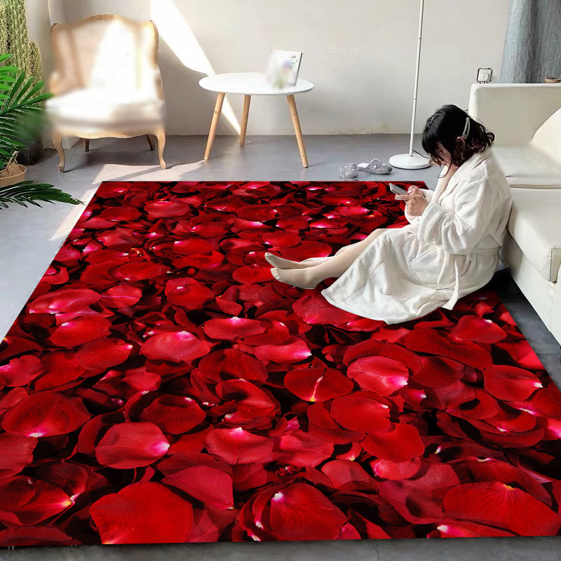 Red Living Room Area Rug Modern Floral Pattern Polyester Area Carpet Easy Care Washable Rug