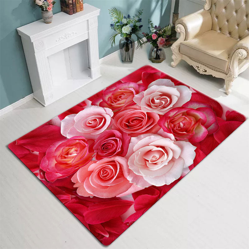 Fancy Red Modern Rug Polyester Floral Print Area Rug Non-Slip Backing Rug for Home Decor