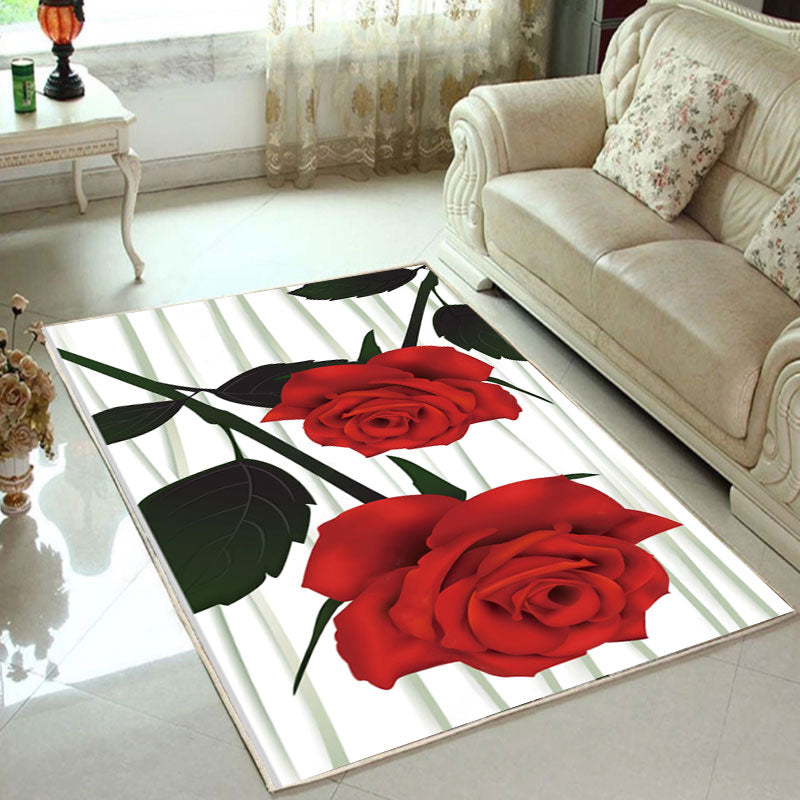 Fancy Red Modern Rug Polyester Floral Print Area Rug Non-Slip Backing Rug for Home Decor