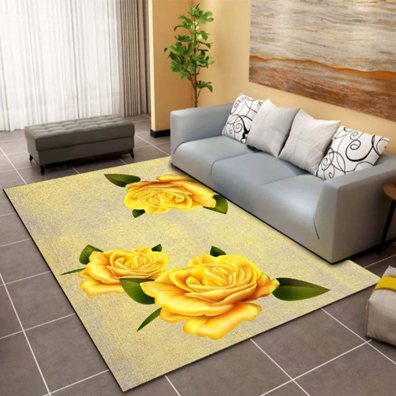 Fancy Red Modern Rug Polyester Floral Print Area Rug Non-Slip Backing Rug for Home Decor