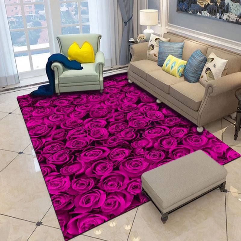 Modern Floral Pattern Area Rug Pink Polyester Area Carpet Non-Slip Backing Rug for Home Decor