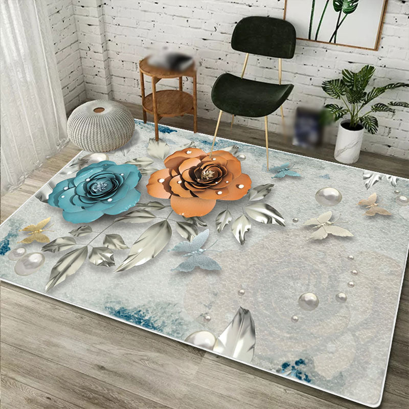 Modern Floral Pattern Area Rug Pink Polyester Area Carpet Non-Slip Backing Rug for Home Decor