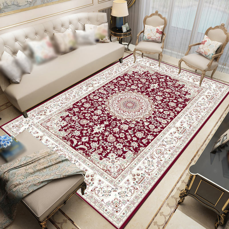 Red Moroccan Rug Polyester Graphic Area Rug Non-Slip Backing Rug for Living Room