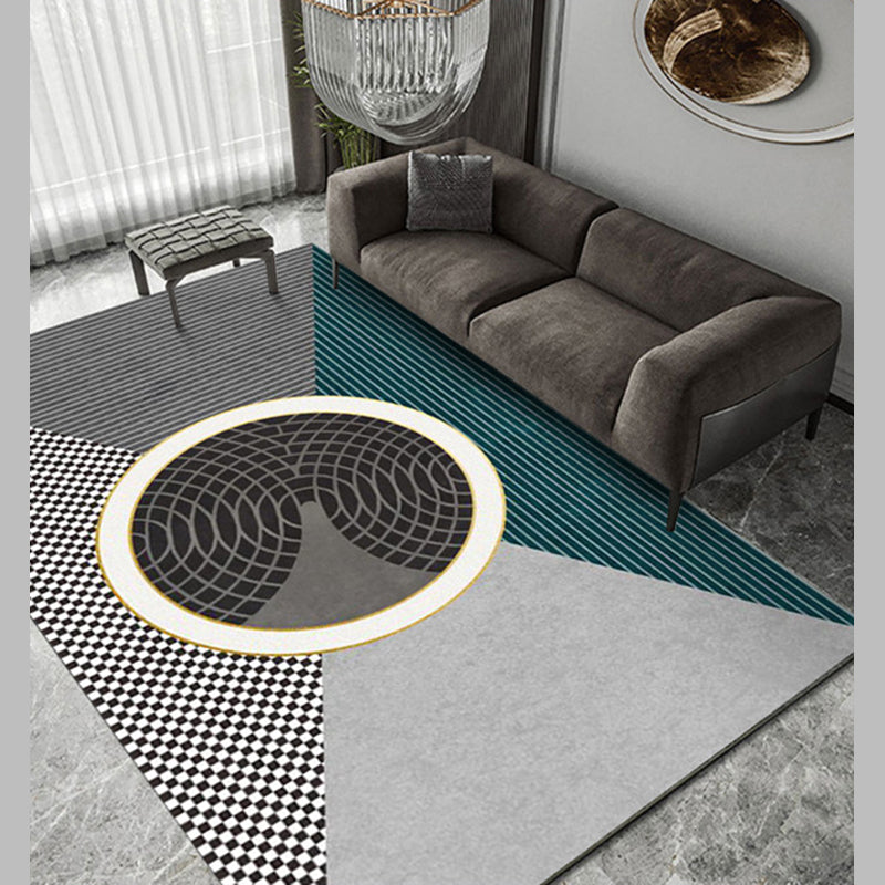 Grey Living Room Area Rug Modern Geometric Pattern Area Carpet Polyester Non-Slip Backing Rug