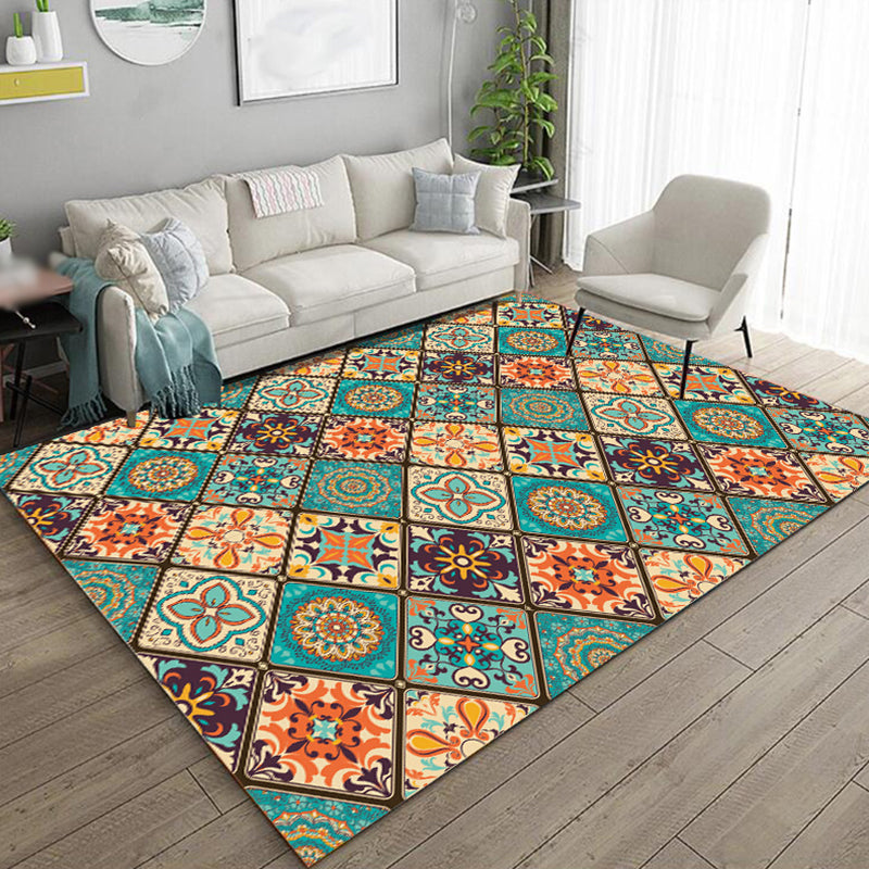 Multicolored Rug Moroccan Medallion Print Carpet Non-Slip Backing Carpet for Living Room