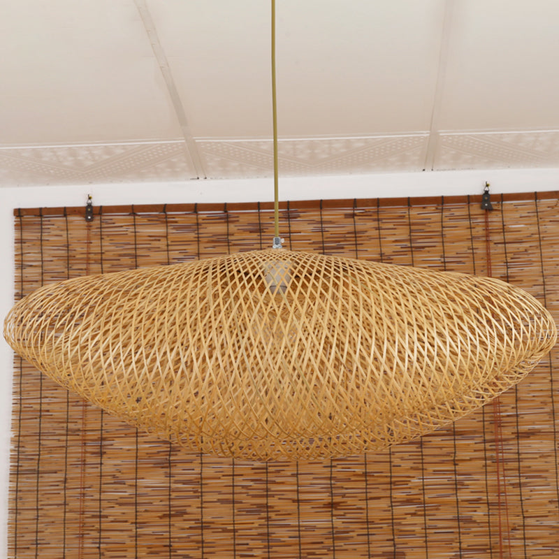 Asian 1 Bulb Hanging Light Flaxen Curved Pendant Lighting Fixture with Bamboo Shade