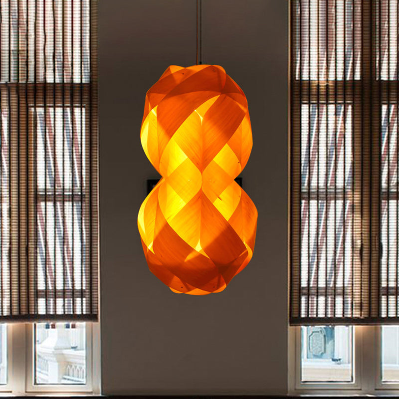 1 Bulb Hand Woven Pendant Light Chinese Wood Suspended Lighting Fixture in Beige