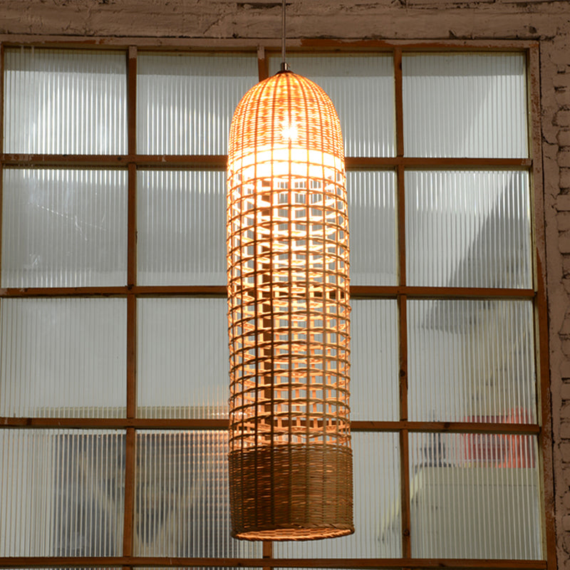 Lámpara colgante asiática 1 cabeza cilindro de techo colgante con sombra de bambú