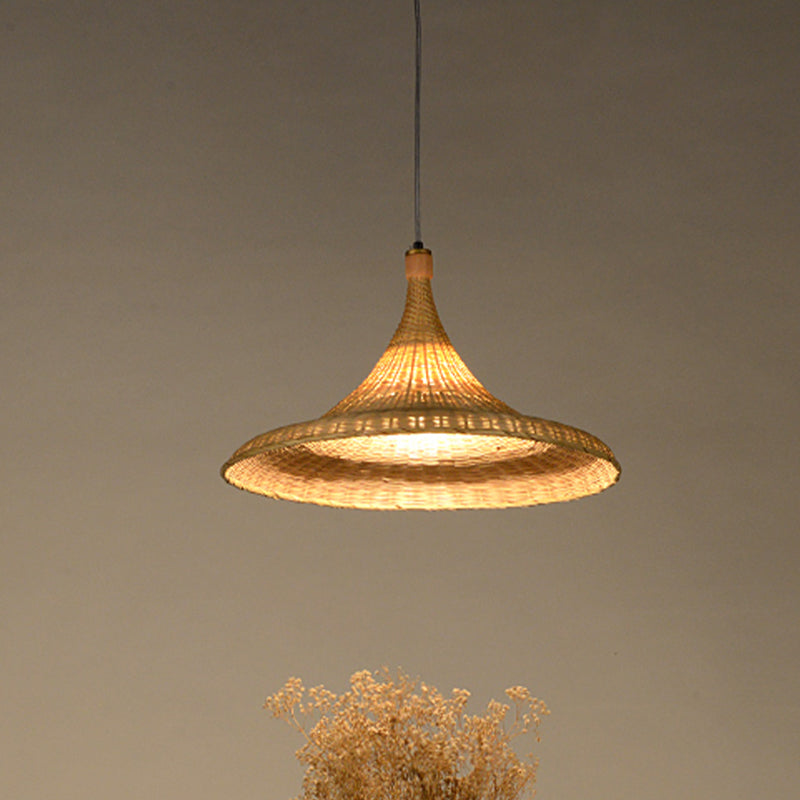 1 Head Wide Flare Pendant Light Chinese Bamboo Suspended Lighting Fixture in Flaxen