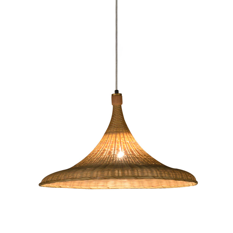 1 Head Wide Flare Pendant Light Chinese Bamboo Suspended Lighting Fixture in Flaxen