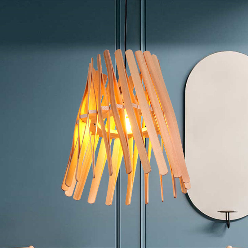 1 Glühbirnenschlafzimmer Hanging Lamp Asia Beige Decke Anhänger Licht mit konischem Holzschatten