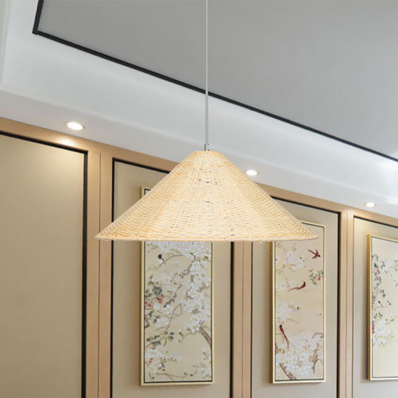 1 Bulb Hand Woven Hanging Light Chinese Bamboo Suspended Lighting Fixture in Beige