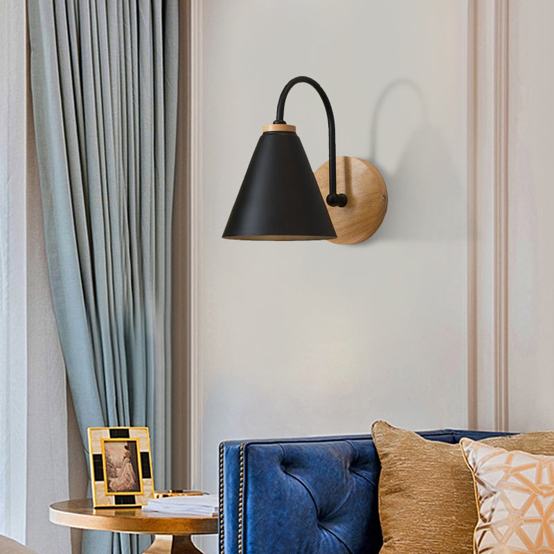 Eenvoudige conische wandlicht SCONCE 1 lichte wandlamp met metalen schaduw en zwanenhalsarm in zwart/wit, 6 "W