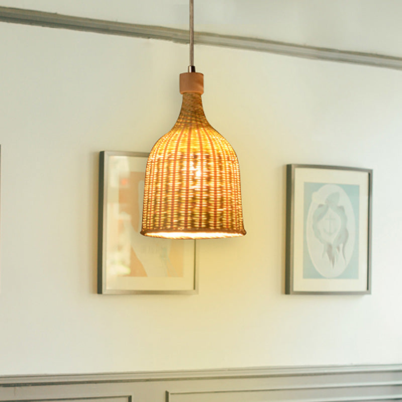1 Head Bedroom Down Lighting Asian Flaxen Pendant Light Fixture with Cylinder Bamboo Shade