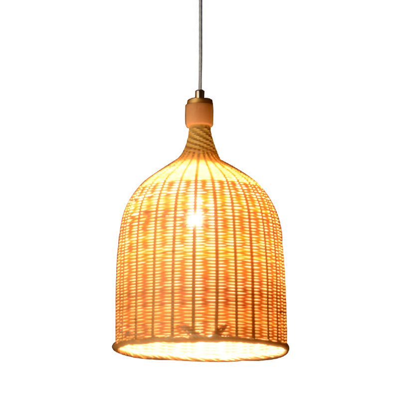 1 Head Bedroom Down Lighting Asian Flaxen Pendant Light Fixture with Cylinder Bamboo Shade