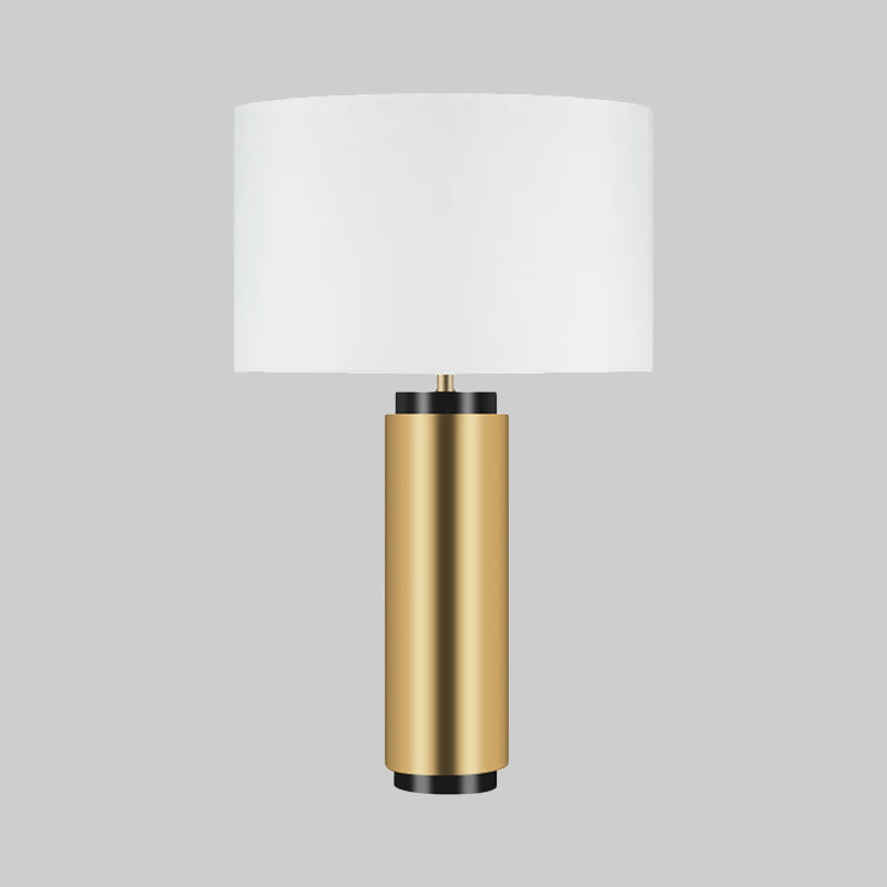 Lámpara de escritorio cilíndrica blanca de 1 cabezal de tela modernista con base de metal dorado