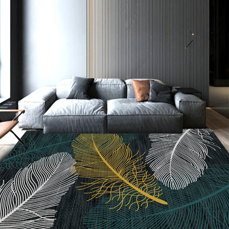 Green Modern Area Carpet Leaf Pattern Polyester Area Rug Stain Resistant Rug for Living Room