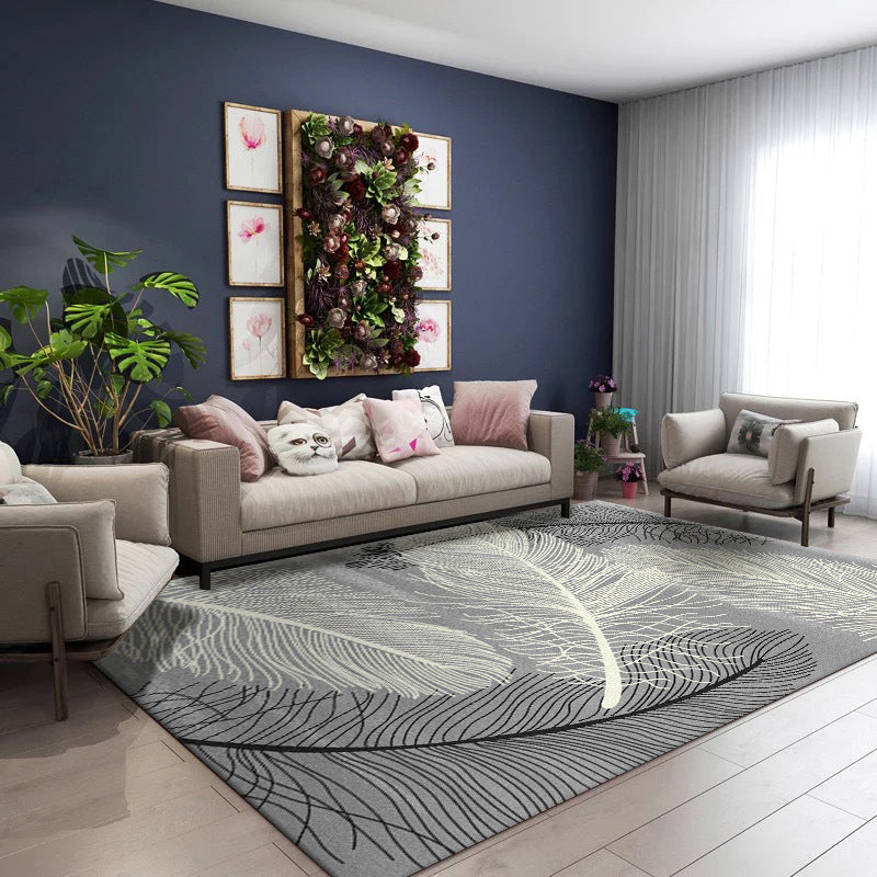 Green Modern Area Carpet Leaf Pattern Polyester Area Rug Stain Resistant Rug for Living Room