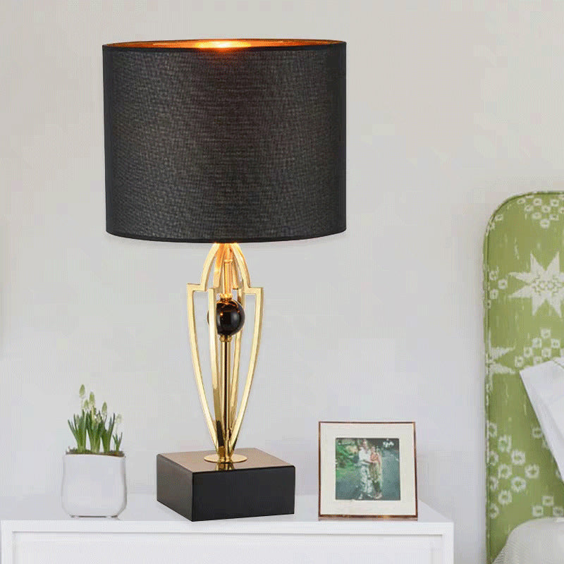 Fabric Drum Task Light Modernist 1 Bulb Black Small Desk Lamp with Square Marble Base