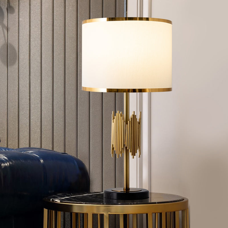 Shaded Table Light Modernist Fabric 1 Bulb White Desk Lamp with Black Round Marble Base