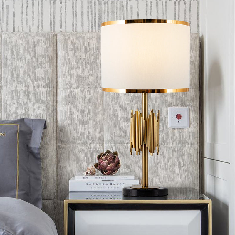Shaded Table Light Modernist Fabric 1 Bulb White Desk Lamp with Black Round Marble Base