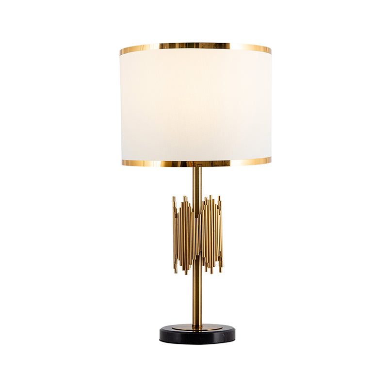 Shaded Table Light Modernist Fabric 1 Bulb White Desk Lamp with Black Round Marble Base