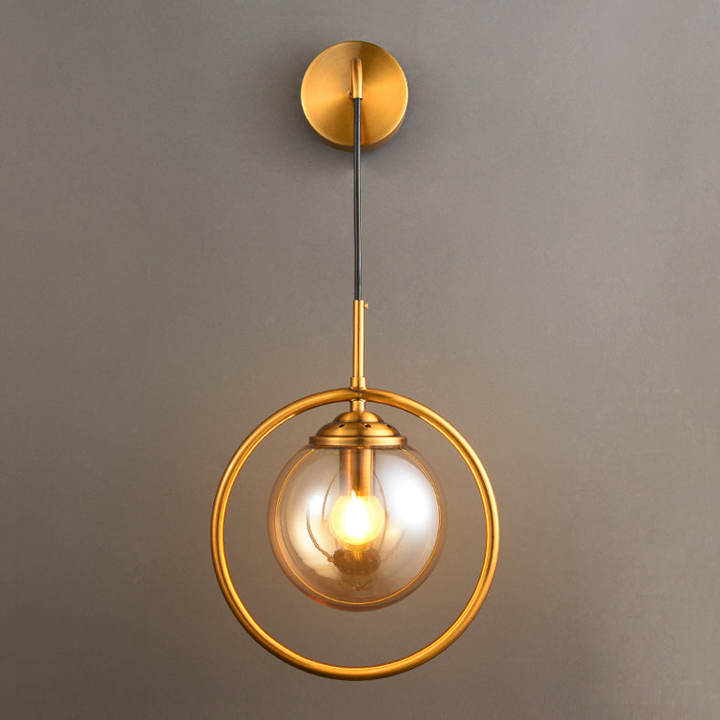 1-Light Round Shade Modern Style Glass Wall Lighting Fixtures in Brass for Bedroom Living Room