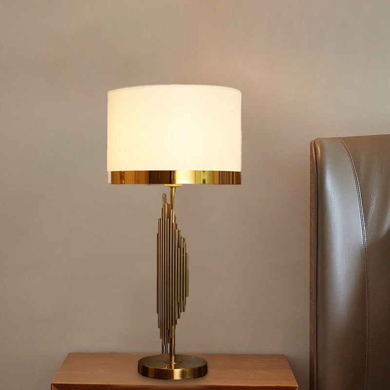 Cylindrical Fabric Task Lamp Modern 1 Head White Table Light with Gold Circle Metal Base