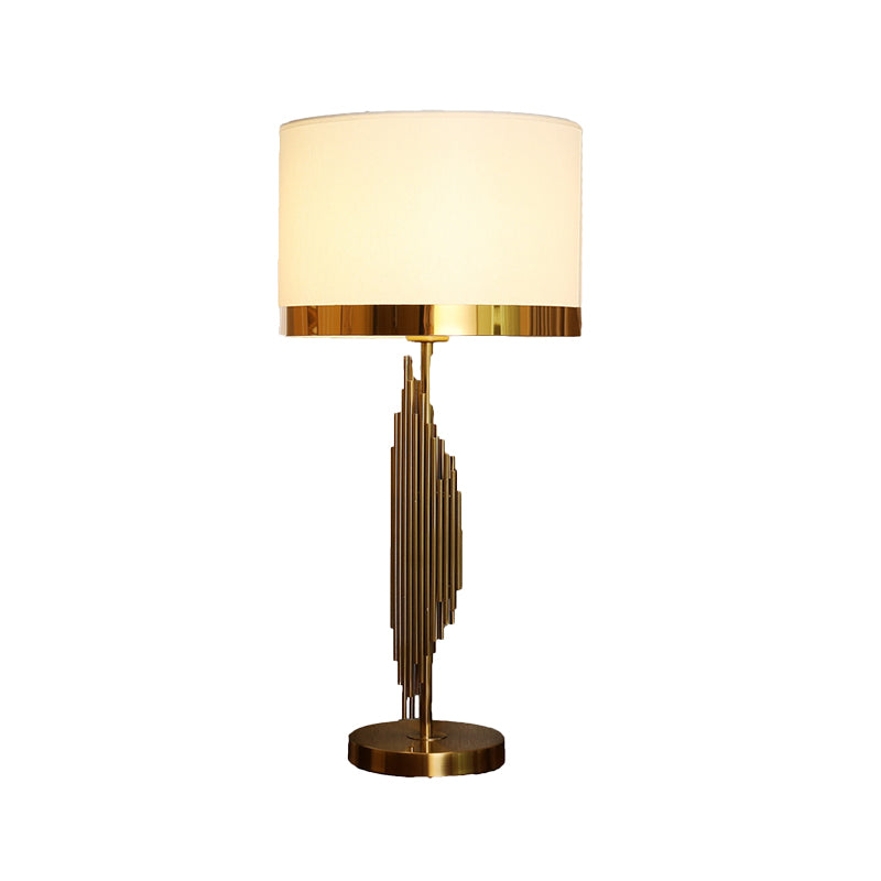 Cylindrical Fabric Task Lamp Modern 1 Head White Table Light with Gold Circle Metal Base