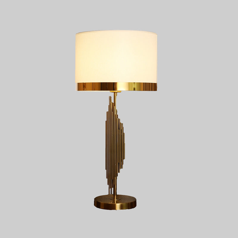 Cylindrical Fabric Task Lamp Modern 1 Head White Table Light with Gold Circle Metal Base
