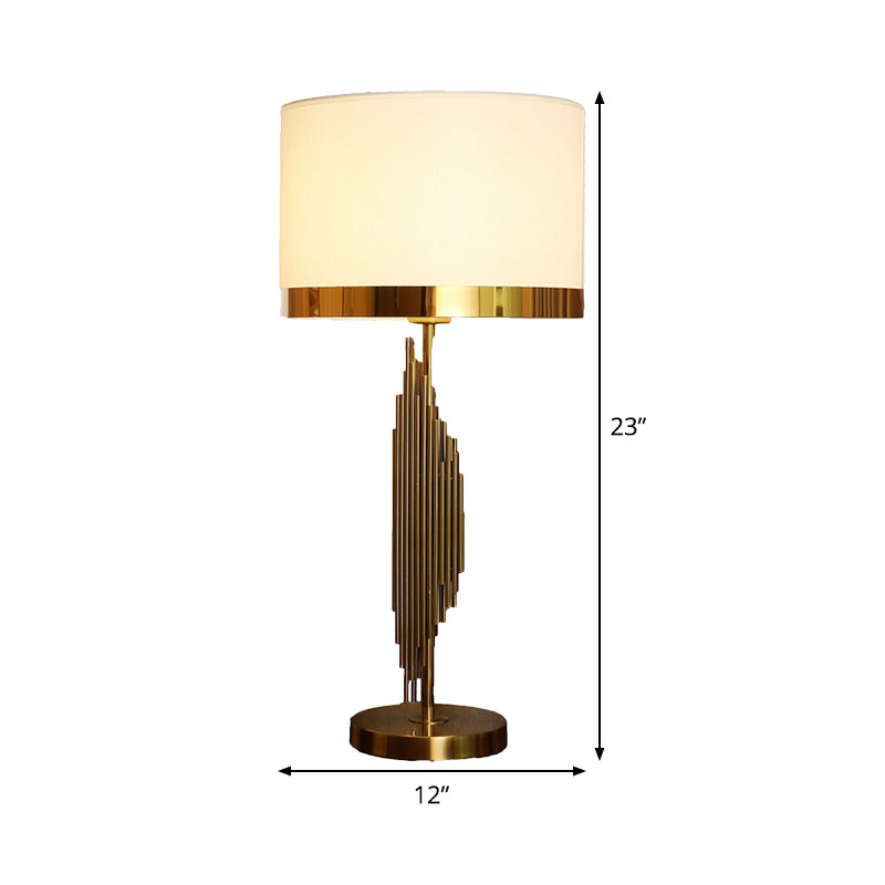 Cylindrical Fabric Task Lamp Modern 1 Head White Table Light with Gold Circle Metal Base