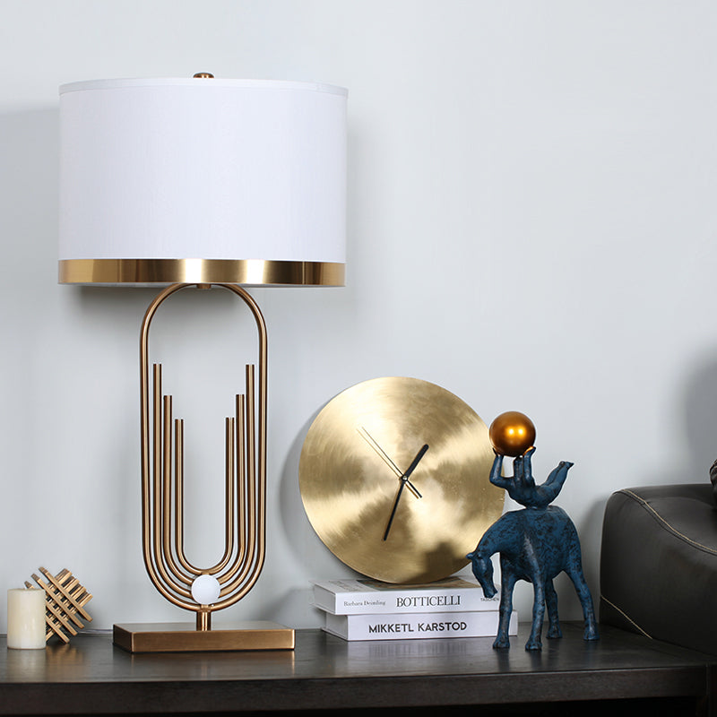 1 table de tête de chambre à coucher lumière lampe de chevet blanche contemporaine avec nuance de tissu de cylindre