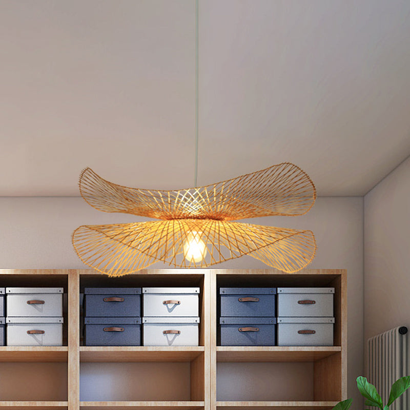 Chinese Hand-Worked Pendant Light Bamboo 1 Bulb Suspended Lighting Fixture in Beige