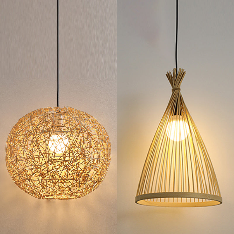 1 Leichte moderne kugelförmige Bambus -Anhänger Leichte ländliche hängende Lampe für das Wohnzimmer