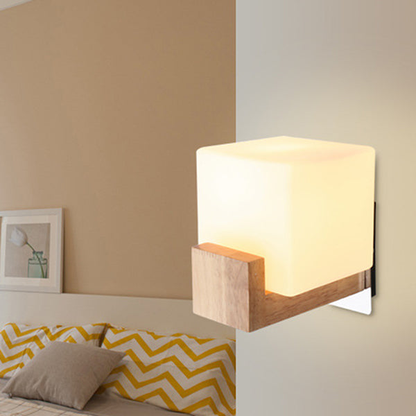 Modern Simplicity Single Light Square Wall Lamp Wood Bedroom Living Room Wall Mount Lighting