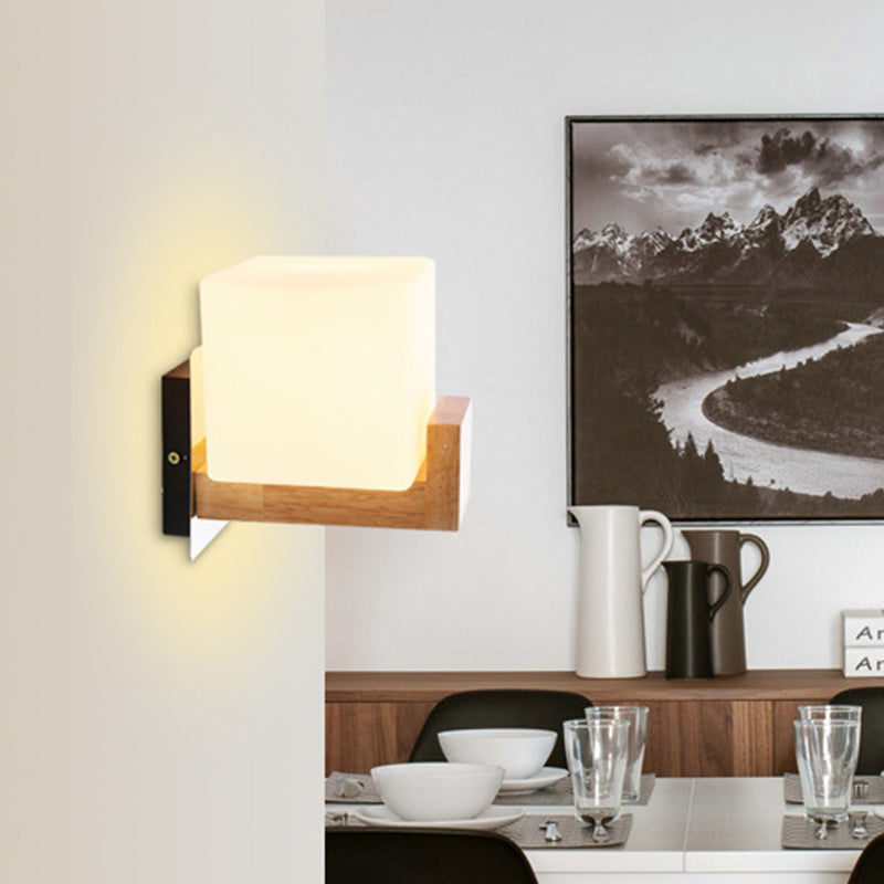 Modern Simplicity Single Light Square Wall Lamp Wood Bedroom Living Room Wall Mount Lighting