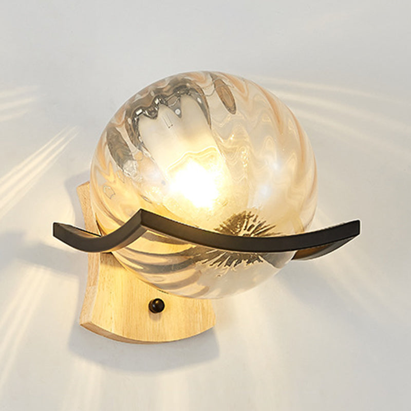 Modern Style Wooden Wall Sconce Glass Shade 1 Light Wall Mount Light Fixture for Living Room