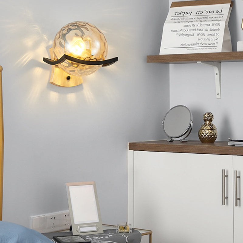 Modern Style Wooden Wall Sconce Glass Shade 1 Light Wall Mount Light Fixture for Living Room