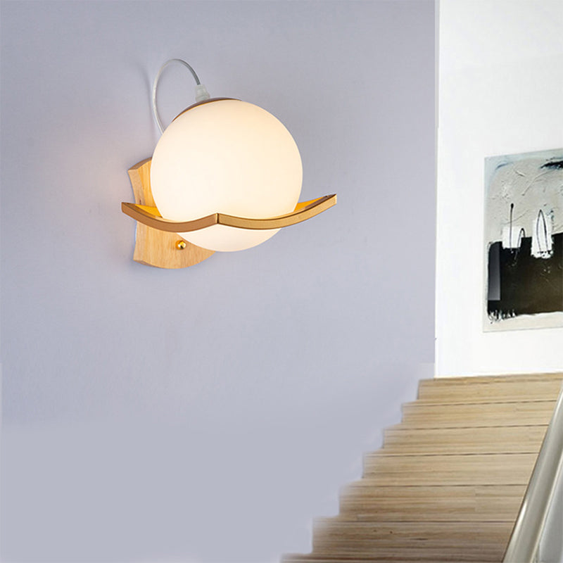 Modern Style Wooden Wall Sconce Glass Shade 1 Light Wall Mount Light Fixture
