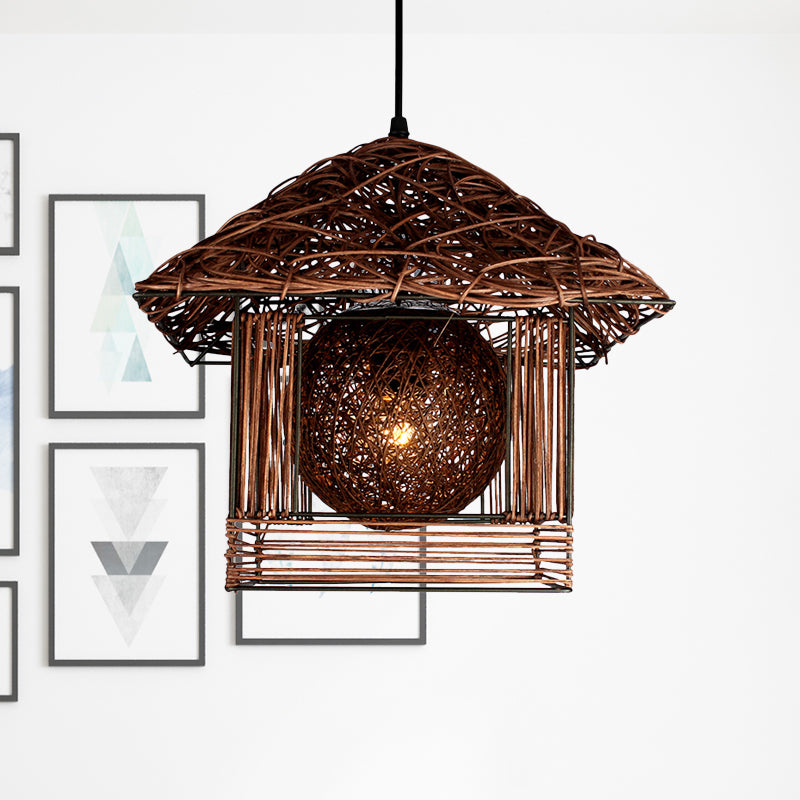 Handgefertigte Deckenlampe Chinesischer Bambus 1 Glühbirne 12 "/16" breit beige/Kaffeeanhänger Beleuchtungsvorrichtung