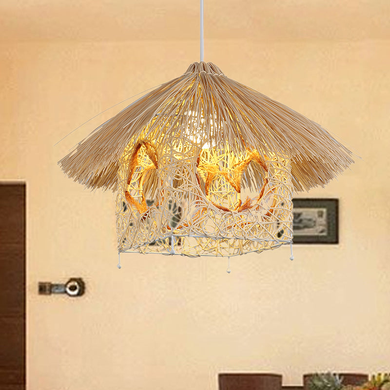 1 tête de salon suspendu Asie Plafond beige Light Light avec une teinte de bambou maison