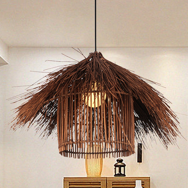 Asian 1 Head Ceiling Light Coffee/Flaxen Handcrafted Pendant Lighting Fixture with Bamboo Shade