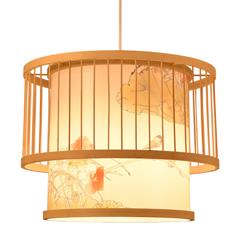 Beige Bamboo Hanging Light Fixture Asian 1-Light Suspension Pendant Light for Restaurant