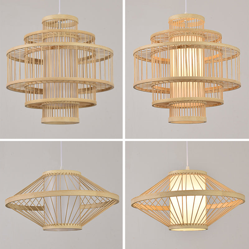 Beige Bamboo Hanging Light Fixture Asian 1-Light Suspension Pendant Light for Restaurant