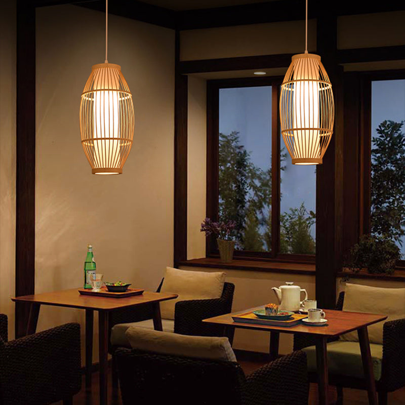 Beige Bamboo Hanging Light Fixture Asian 1-Light Suspension Pendant Light for Restaurant