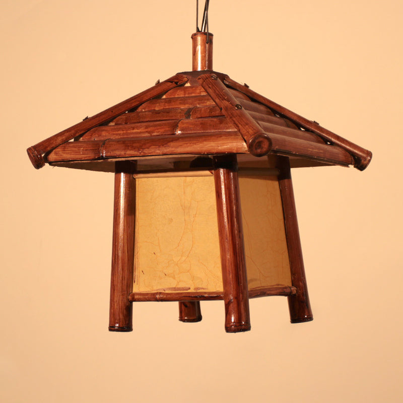 1 Bulb Restaurant Ceiling Light Asian Brown Pendant Lighting Fixture with Tower Wood Shade