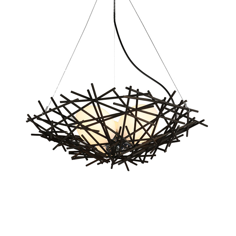 Nest Chandelier Lighting Japanese Bamboo 18"/22" Wide 3 Bulbs Coffee Ceiling Suspension Lamp